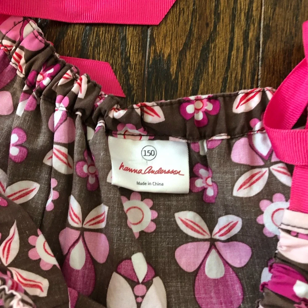 Hanna Andersson Girls 12 (150cm) Brown w/Pink Flowers Ruched Halter Shift Dress - Picture 6 of 11